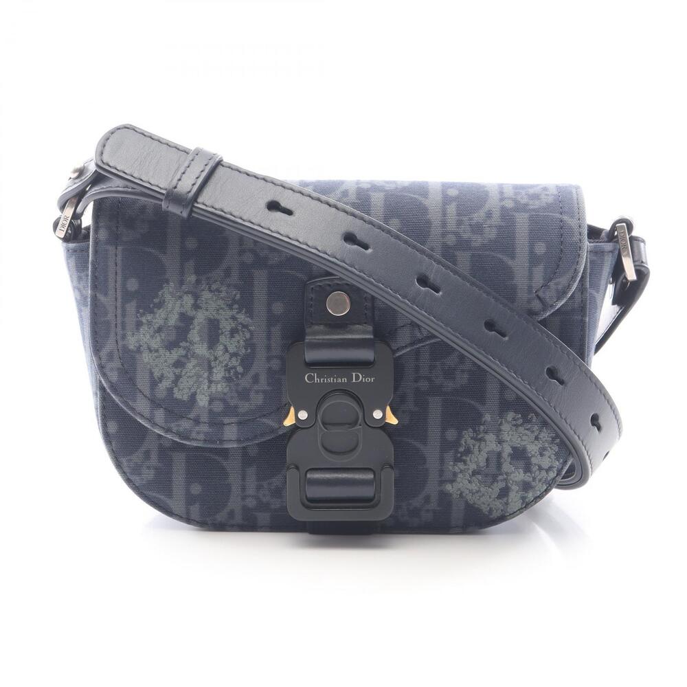 Christian Dior Saddle Flap Messenger Bag Shoulder Canvas Leather Navy Blue